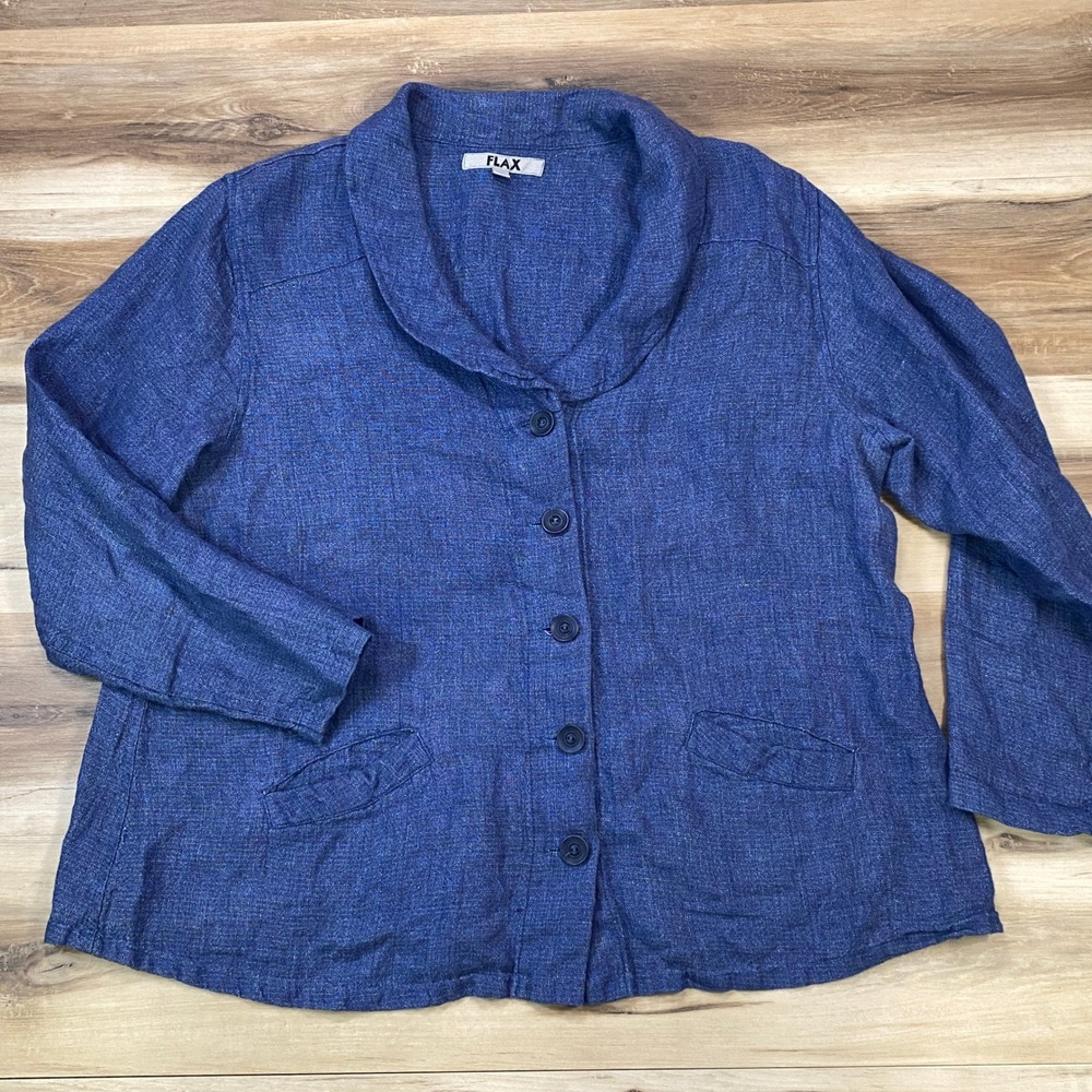 Flax Blue Button-Front Linen Jacket